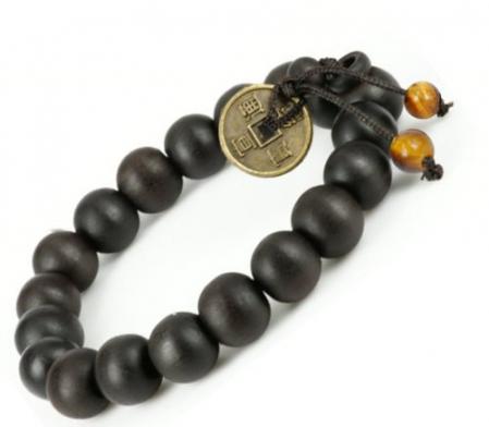 Feng Shui Coin with Tibetan Buddha Prayer Mala Black Wood Bracelet